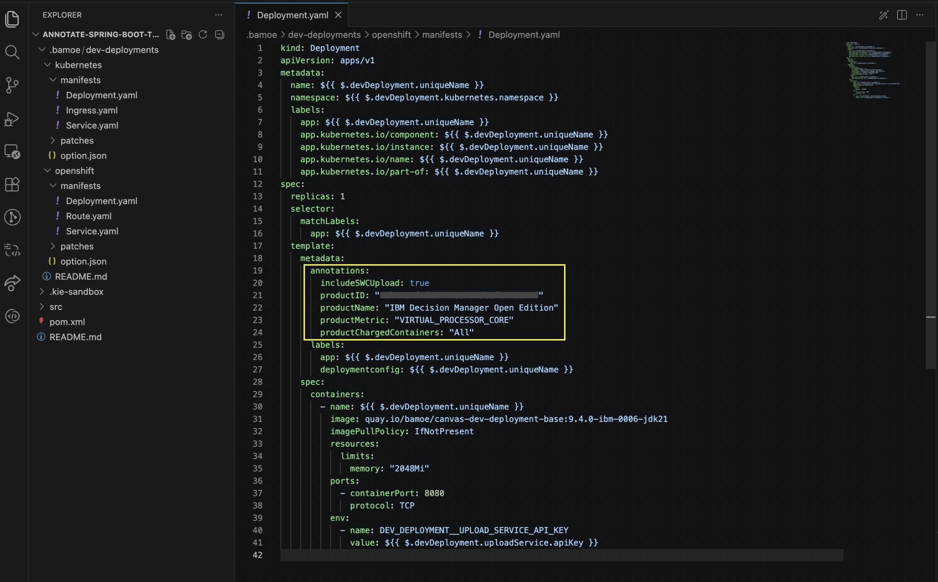 VS Code IDE showing the OpenShift Deployment.yaml file with license tracking annotations added